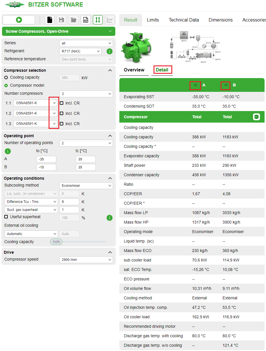 Calculation details and manual compressor selection