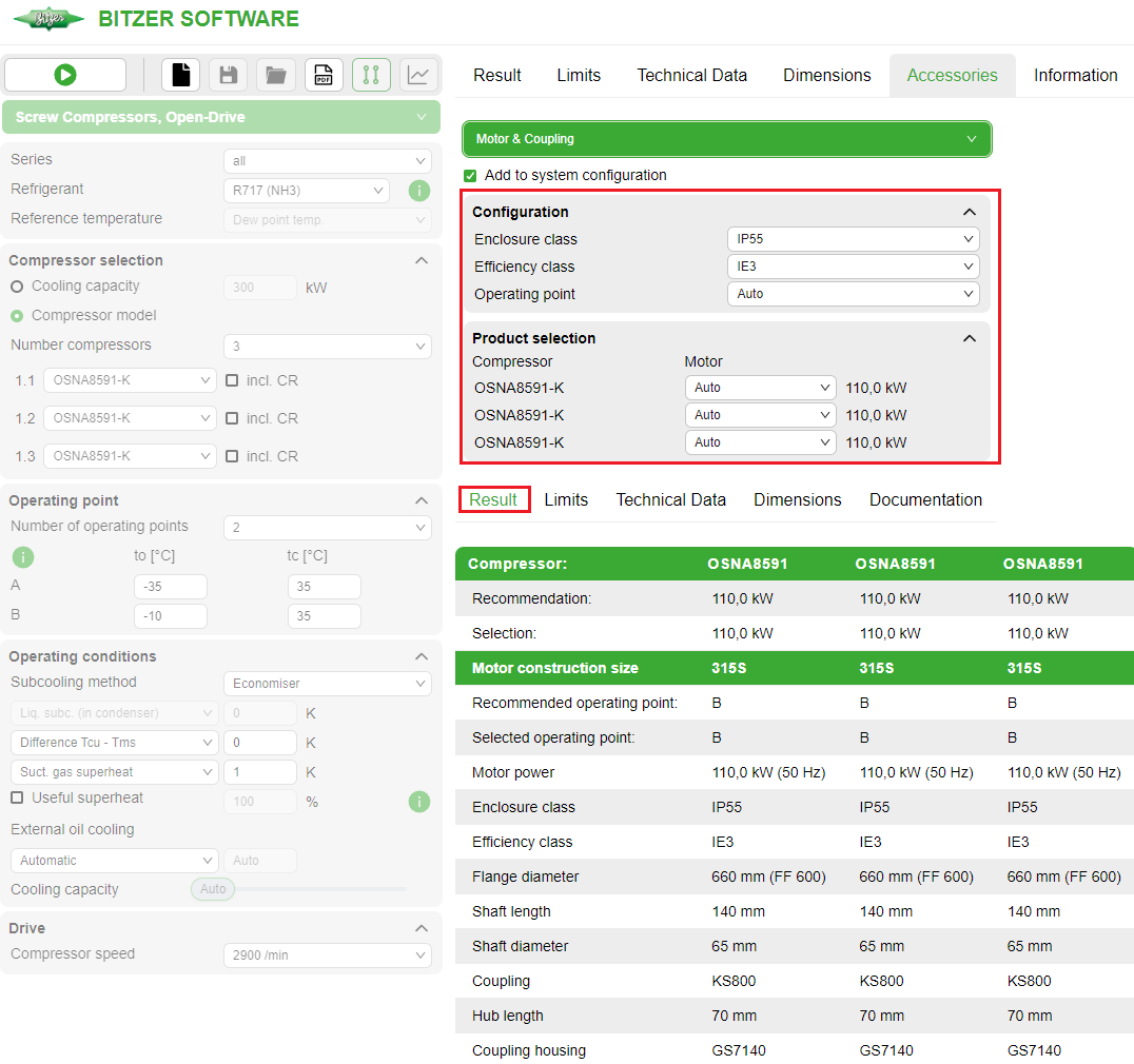 Selecting motors and couplings via the BITZER SOFTWARE
