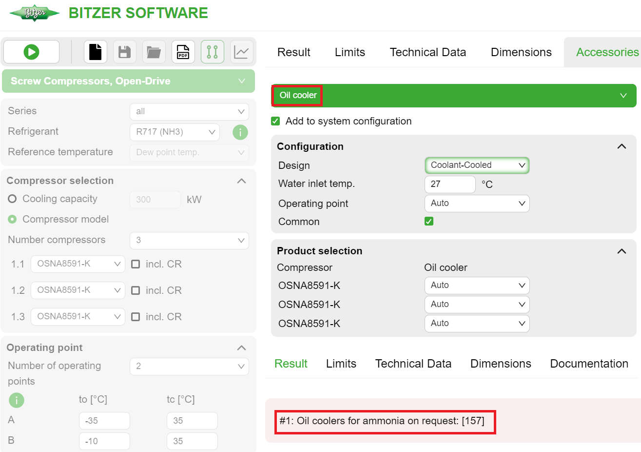 Selecting an oil cooler in the BITZER SOFTWARE