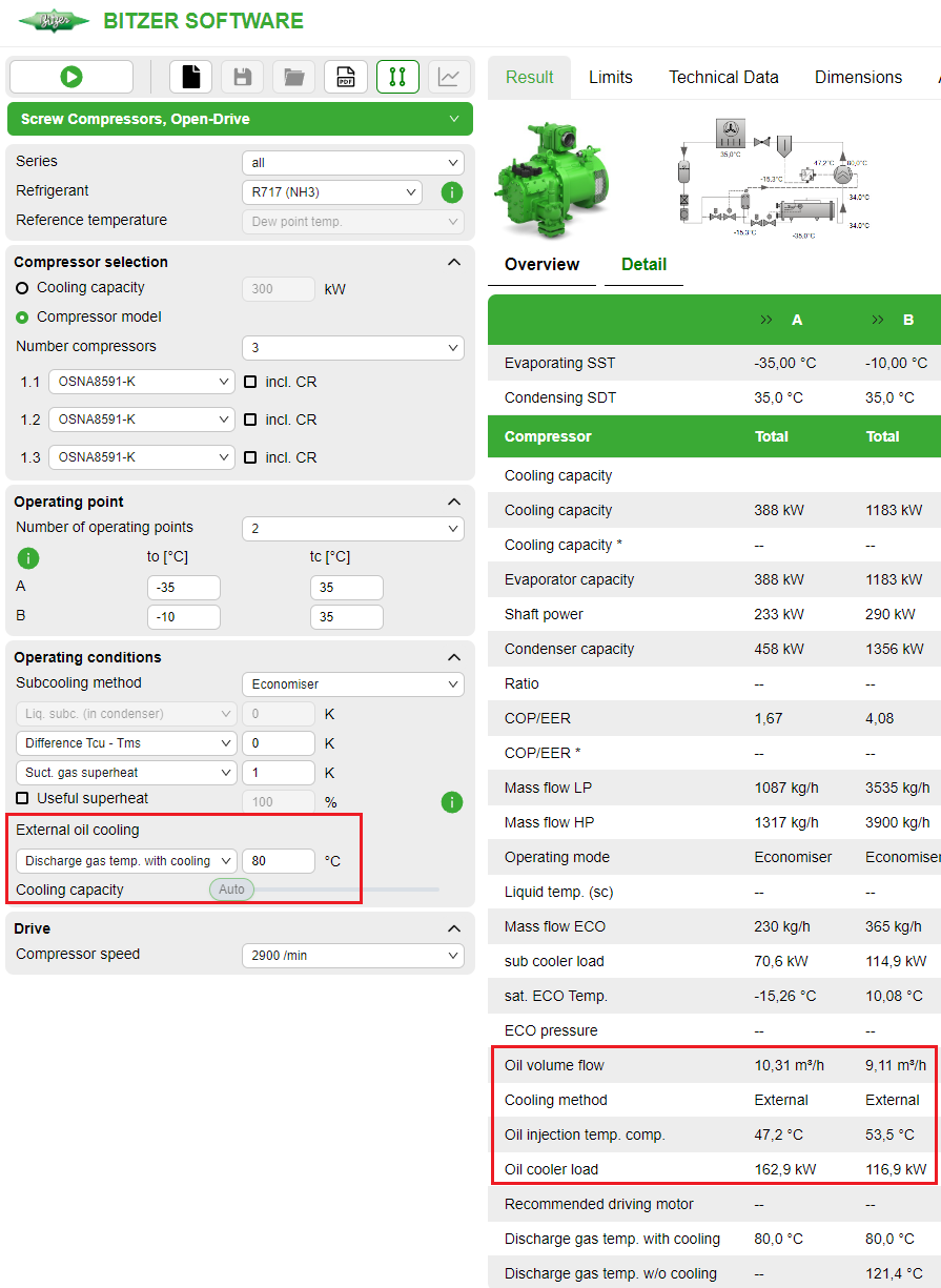 Relevant data and information for choosing a suitable oil cooler in the BITZER SOFTWARE. Here, an oil cooler with a load of 162.9 kW is required.