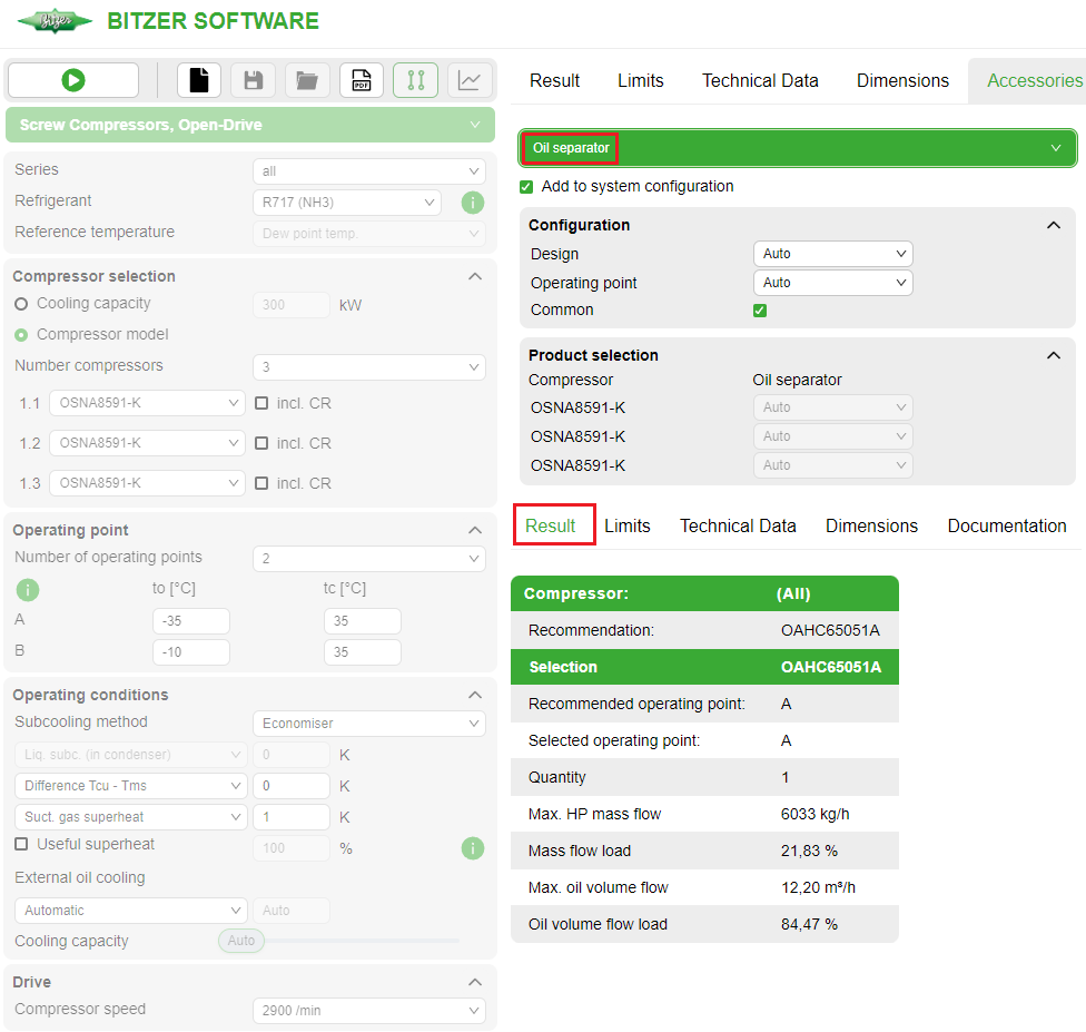 Selecting an oil separator in the BITZER SOFTWARE